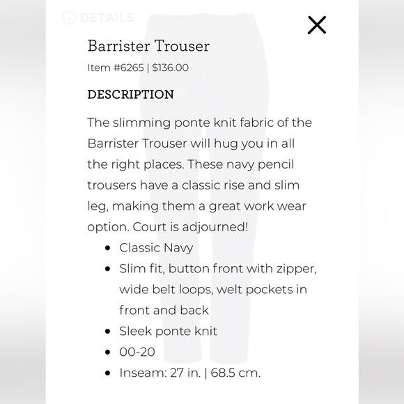 CAbi Barrister Trouser, Size 8, EUC, Navy - Picture 8 of 9